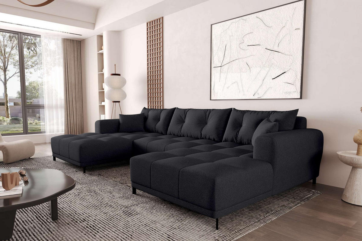 WOHNLANDSCHAFT Strukturstoff Schwarz inkl. Schlaffunktion - Schwarz, Textil/Metall (348/94/181cm) - 99rooms