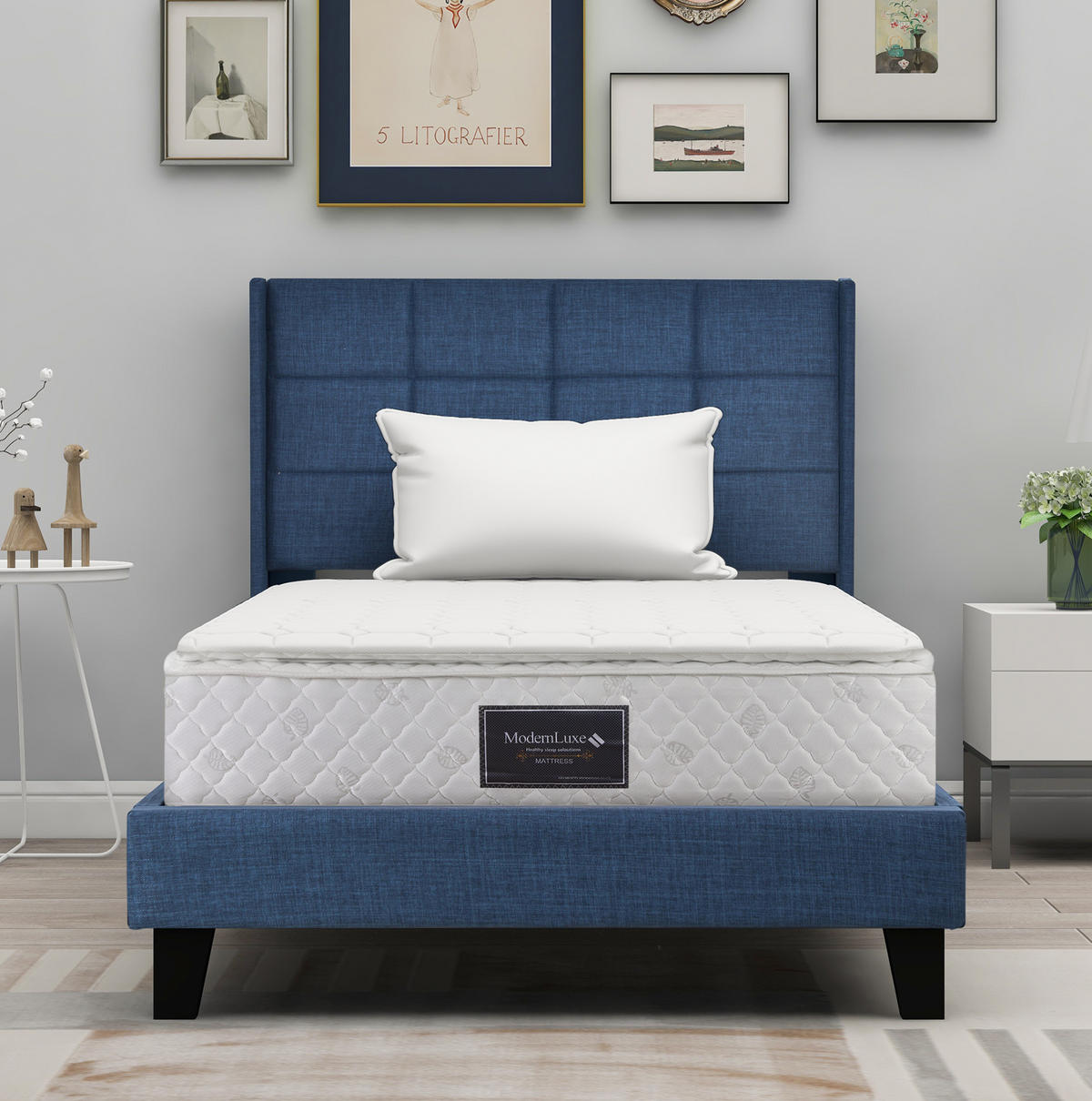 BETT mit Federkernmatratze und Lattenrost 90x200 cm Leinen Blau - Blau, Metall (90/200cm) - Beauniv