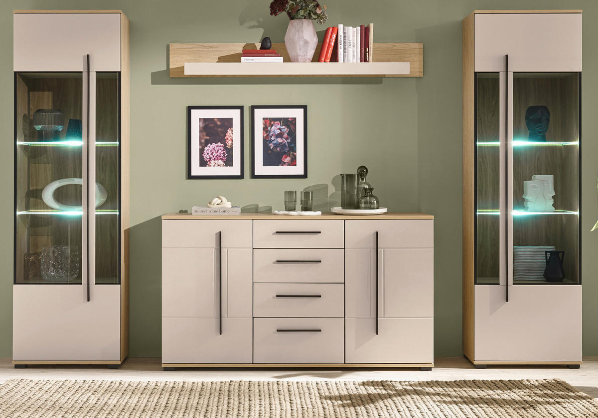 WOHNWAND Kaschmir, Eiche 4-teilig 290, Schrankwand in modernem Design - Kaschmir/Eichefarben, Glas/Holzwerkstoff (290/200/42cm) - Furn.Design