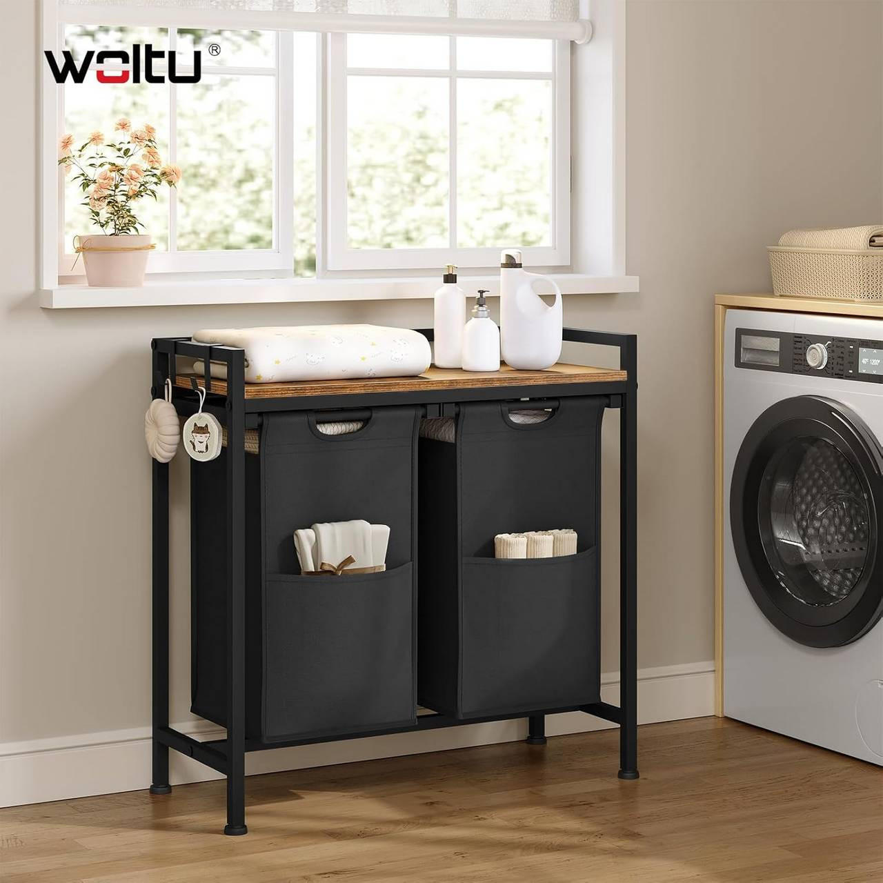 WÄSCHEKORB 2 Fächer, jedes 40 L, Schwarz+Vintagebraun - Dunkelbraun/Schwarz, Holzwerkstoff/Textil (70/71/30cm) - Woltu