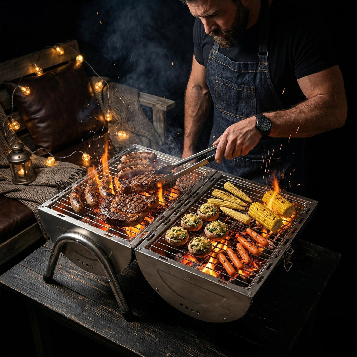 TISCHGRILL - Silberfarben, Holz/Metall (41.5/35/24.5cm) - Relaxdays
