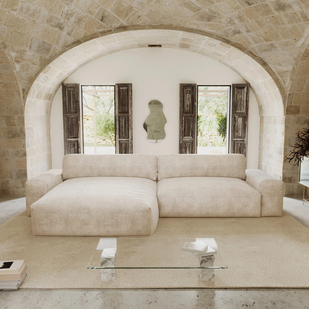 ECKSOFA LINKS Samt Creme 310cm - Creme, Textil (174/310cm) - Sia Home