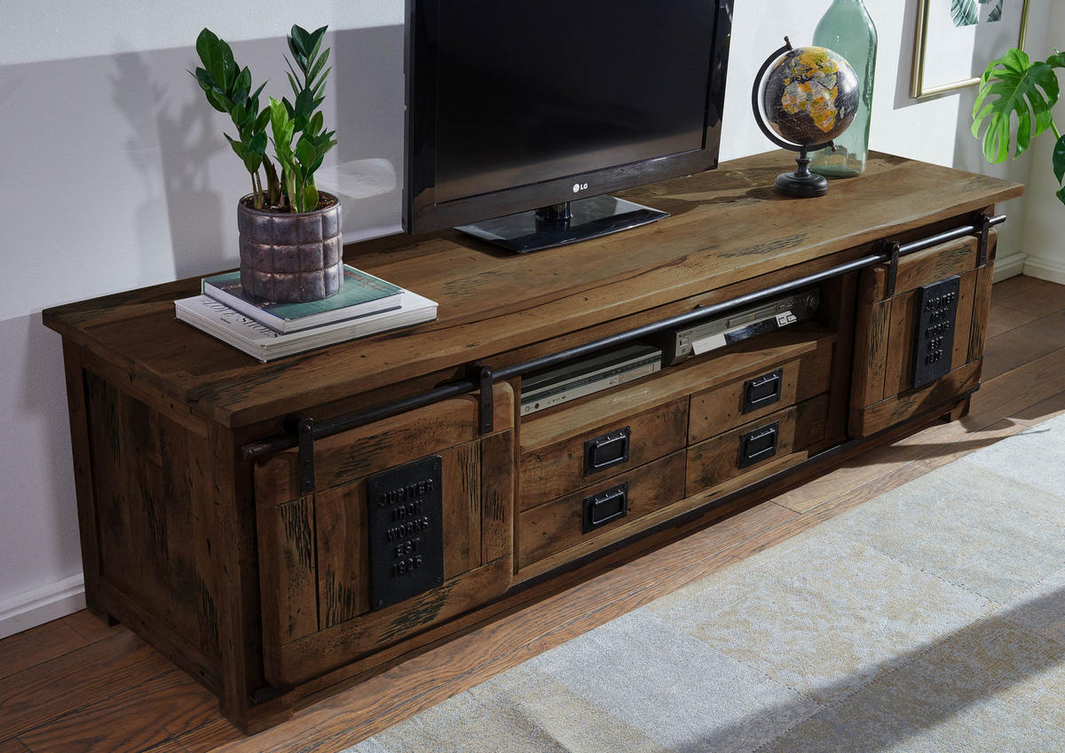 TV-BOARD Mango 200x55x55 braun lackiert RAILWAY #448 - Braun, Holz (200/55/55cm) - Massivmoebel24