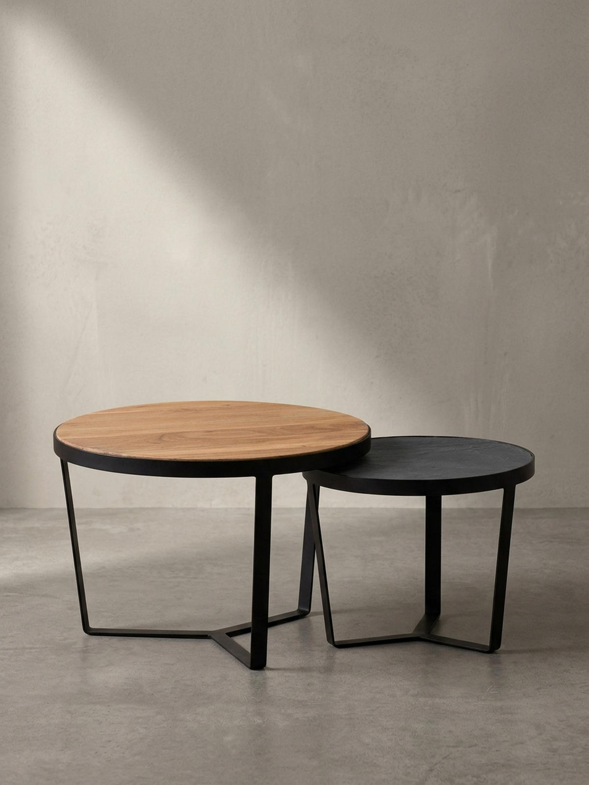 COUCHTISCH Set rund – Akazie Massivholz, Steinoptik, Metallgestell, Braun-Anthrazit - Schwarz, Holz/Metall (60/60/40cm) - KADIMA DESIGN