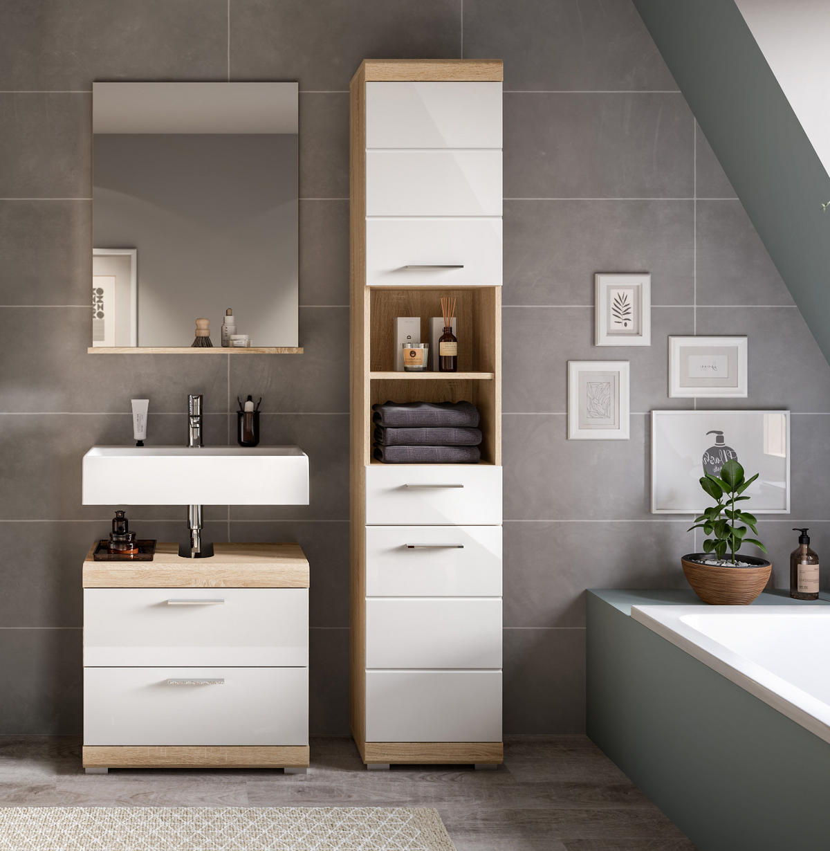 BADMÖBEL-SET weiß Hochglanz, Eiche 3-teilig 112 cm, viel Stauraum - Weiß Hochglanz/Eichefarben, Holzwerkstoff (112/191/37cm) - Inn.Furn