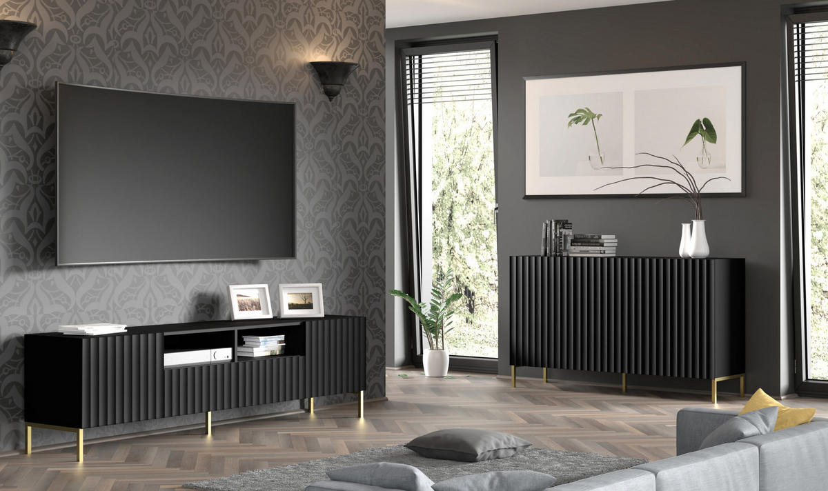 TV LOWBOARD Schwarz, Gold 200/56/42 - Goldfarben/Schwarz, Holzwerkstoff (200/56/42cm) - RAUMHIRSCH FURNITURE