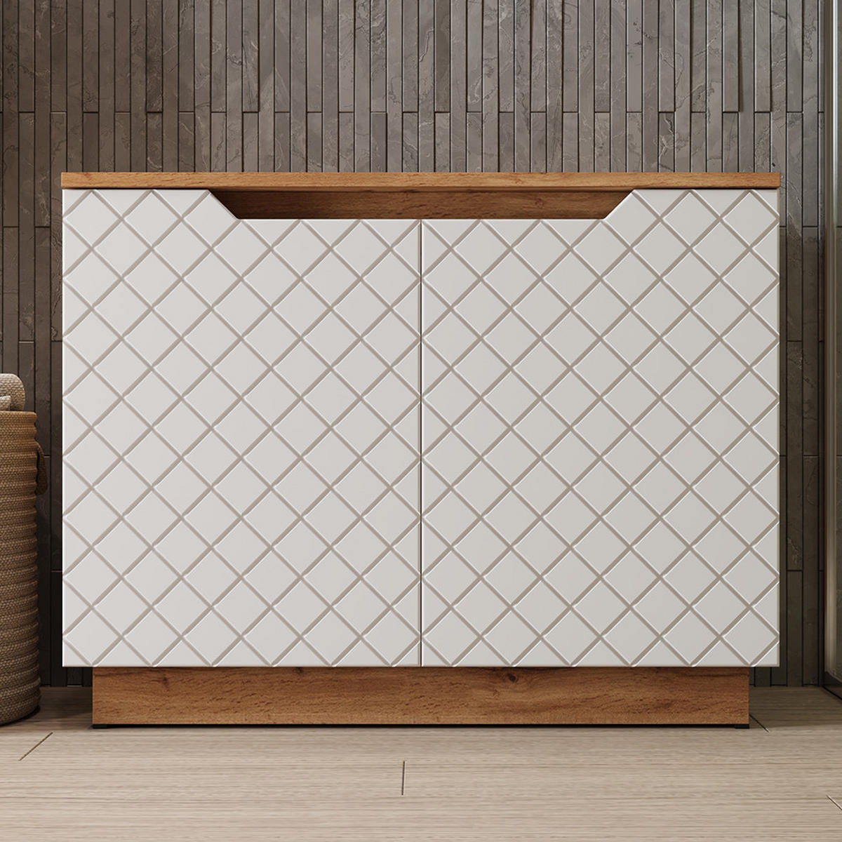 WASCHBECKENUNTERSCHRANK Lotta Eiche/Weiß mit Kachelstruktur 79.6 x 62.1 cm mit 2 Türen - Eichefarben/Weiß, Holzwerkstoff (79.6/62.1/32cm) - Vicco