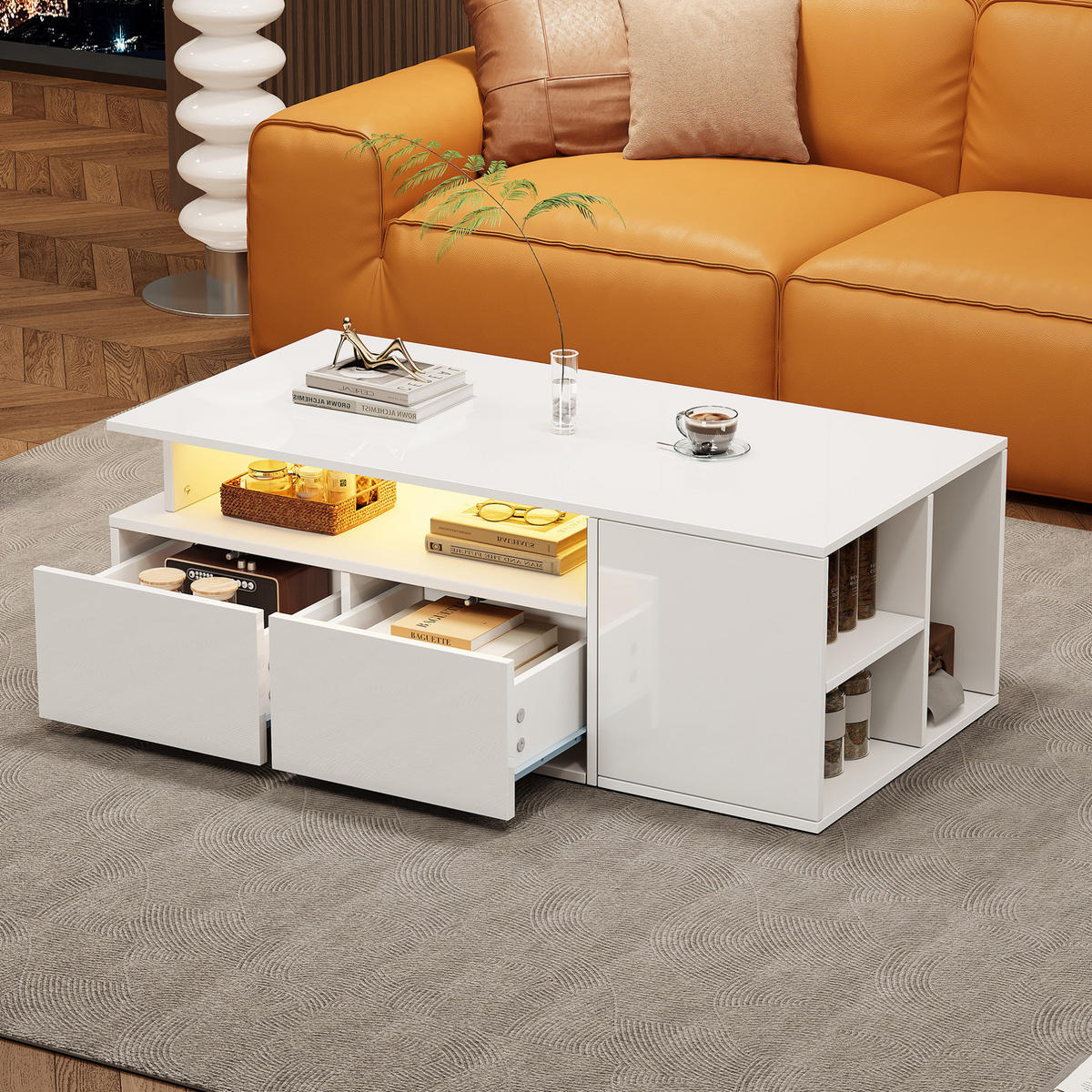 COUCHTISCH 100/50/35 cm in Weiß mit LED-Beleuchtung und 2 Schubladen - Weiß, Holzwerkstoff (100/50/35cm) - Flora Grace