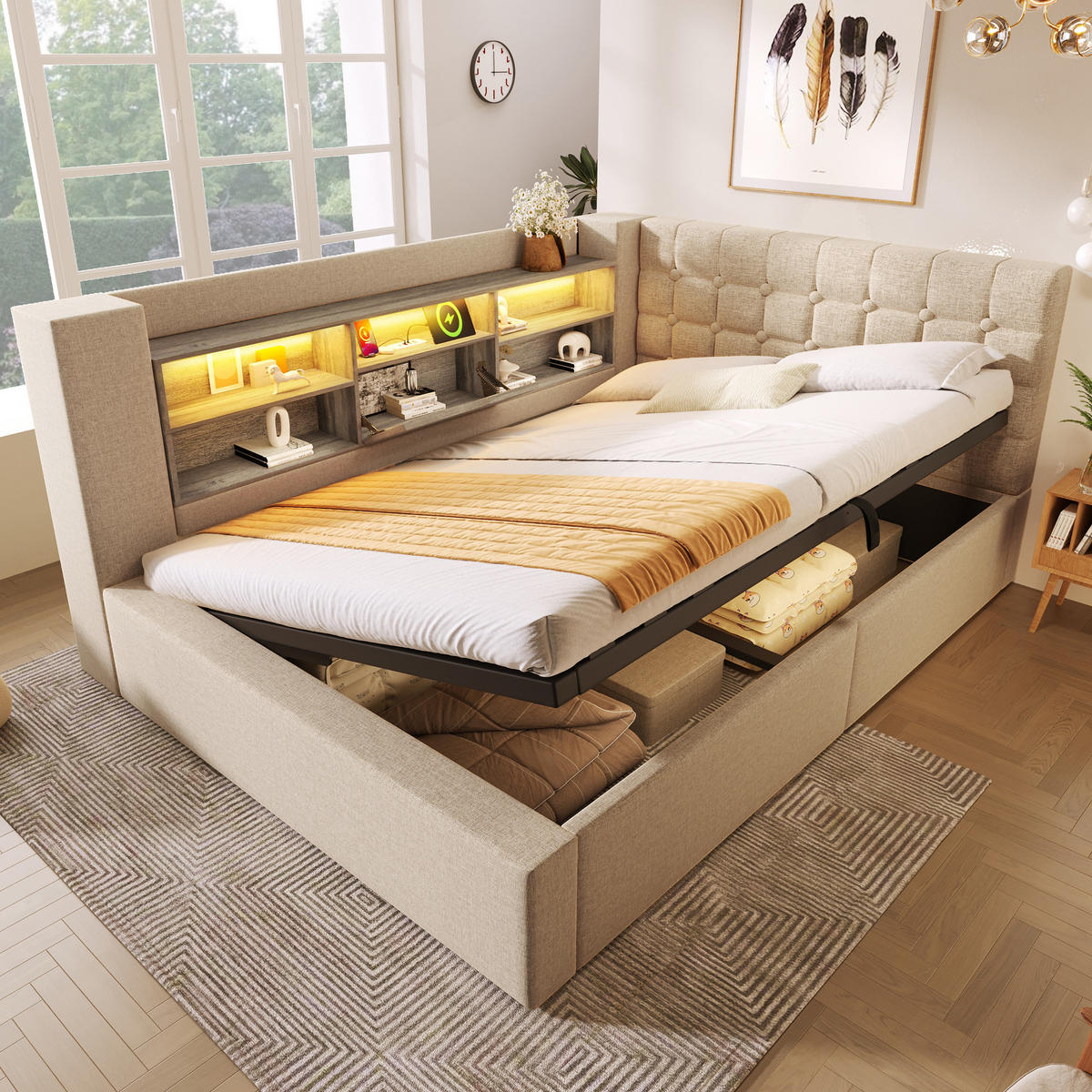 STAURAUMBETT 140/190 cm DE-00620, in Beige, LED-Beleuchtung und USB-Anschluss - Beige, Metall (140/190cm) - ComfortXL