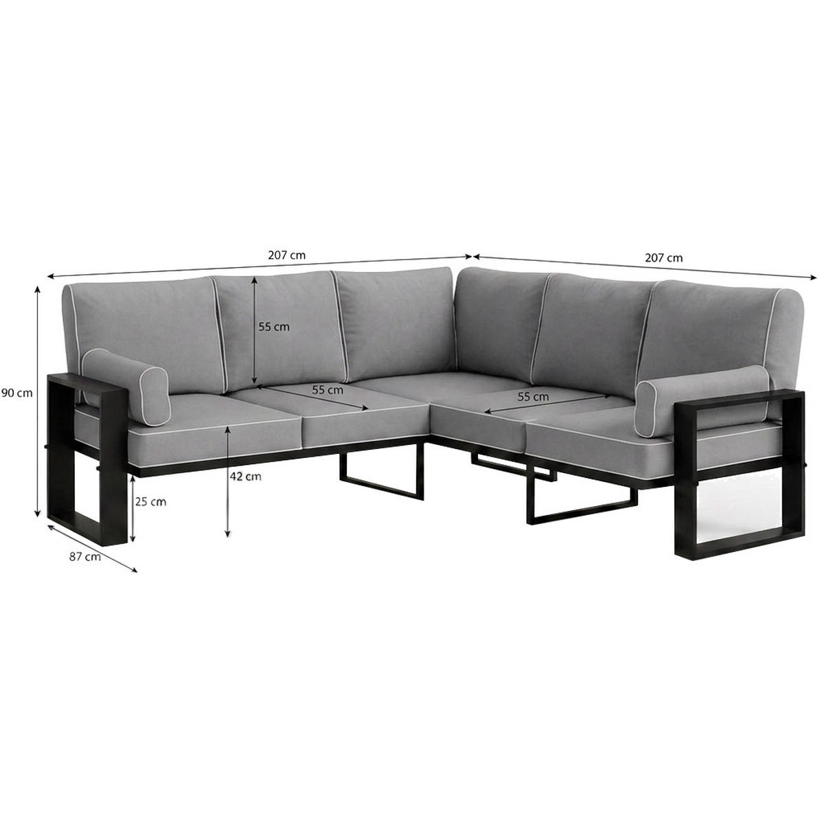 LOUNGEECKTEIL Verdino 2R2 mit Metallrahmen 207 cm anthrazit - Anthrazit, Metall (207/90/207cm) - Beautysofa