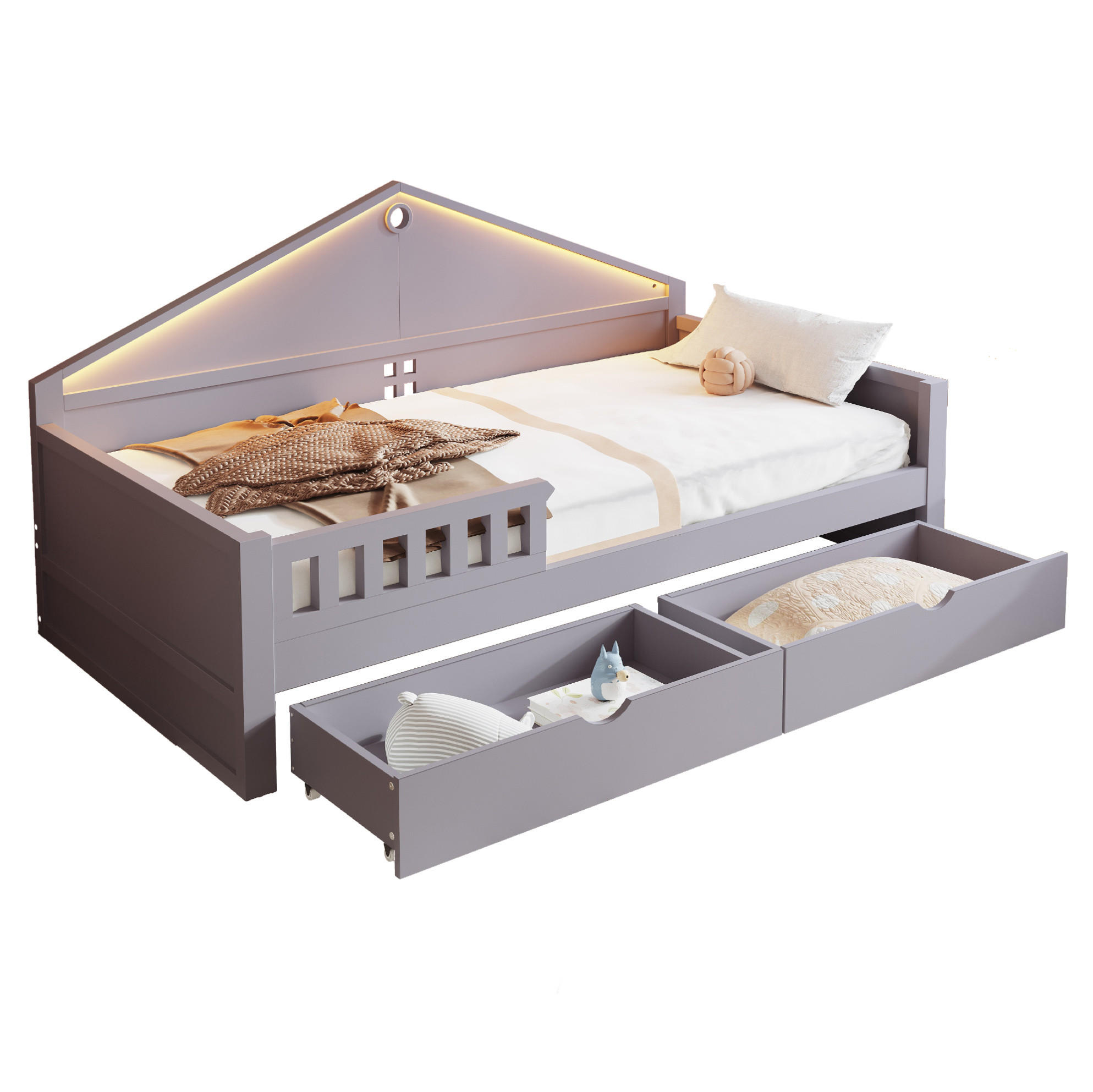 DETSKÁ posteľ 90/200 cm, sivá, z masívneho dreva a MDF, s LED osvetlením a 2 zásuvkami - sivá, drevo (90/200cm) - BEAOK