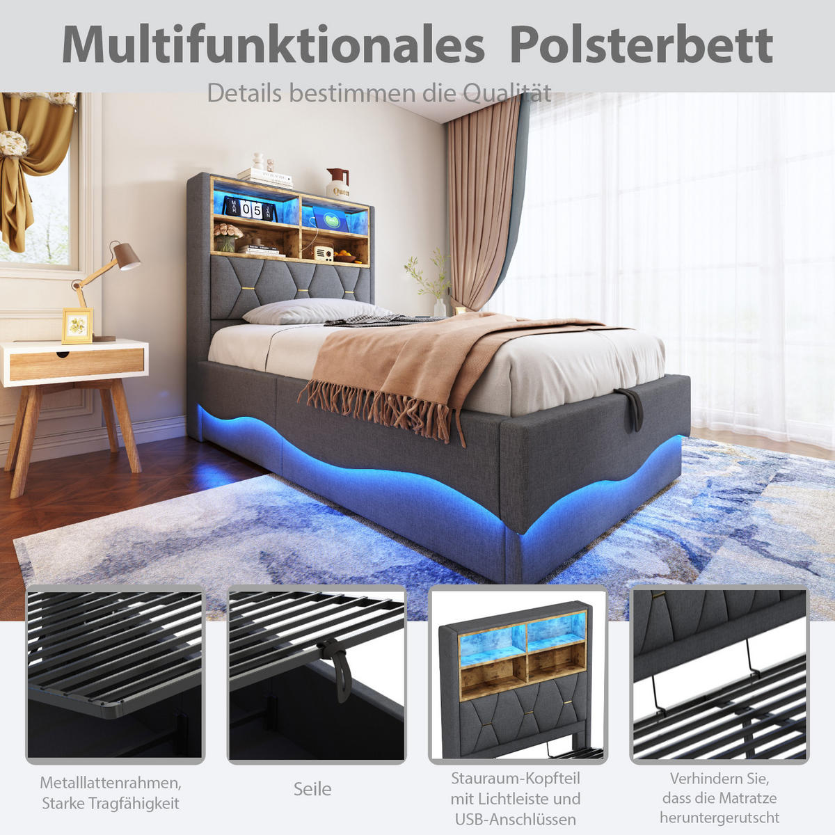 POLSTERBETT aus Leinen und Metall 90x200 cm in Grau mit LED, USB und Stauraum - Grau, Textil (90/200cm) - Modfu