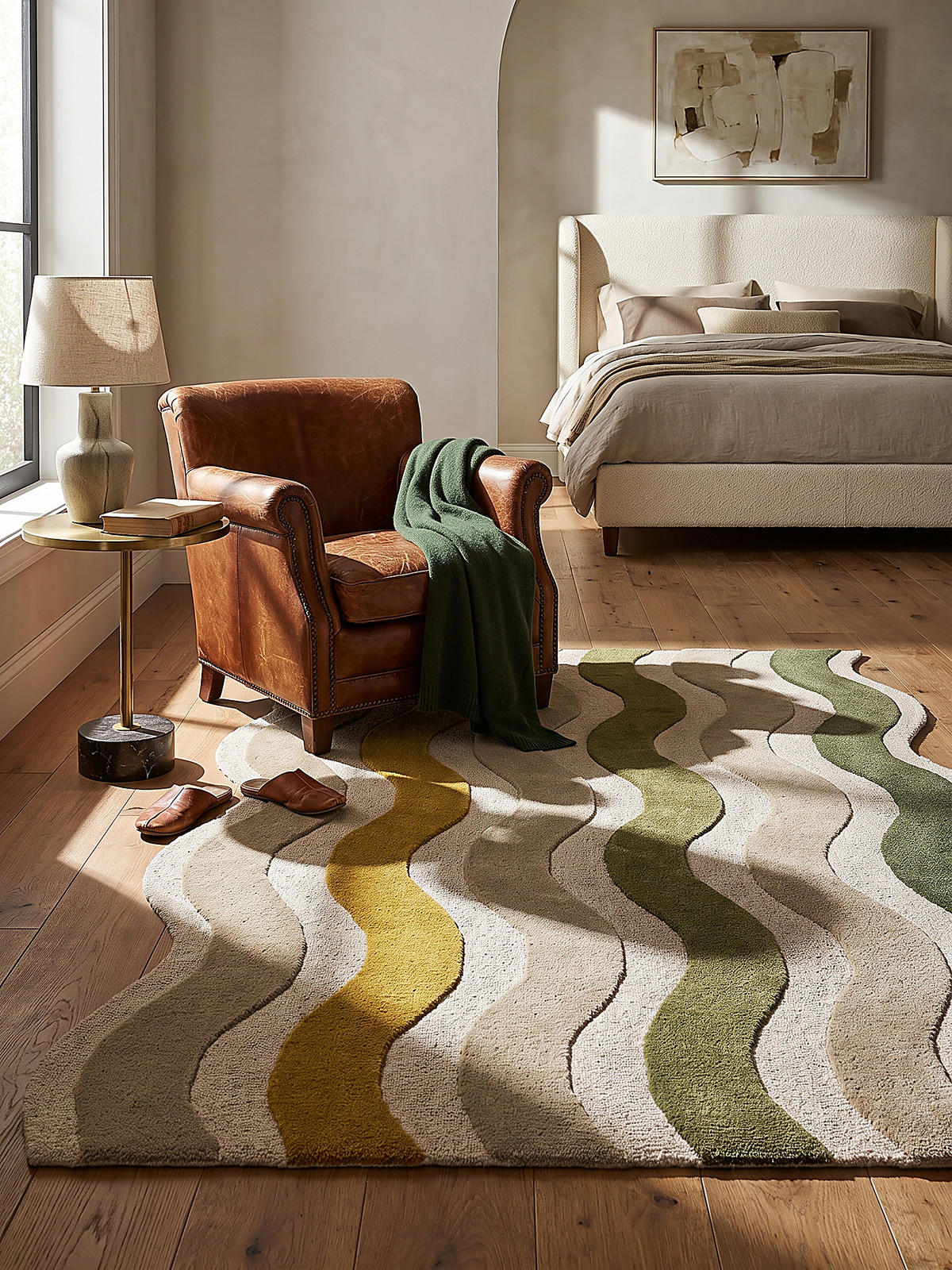 TEPPICH aus Wolle, handgetuftet, MONNOW, in Erdtöne-Grün, Wellenstreifen, 140 x 200 cm - Grün, Textil (140/200cm) - KADIMA DESIGN