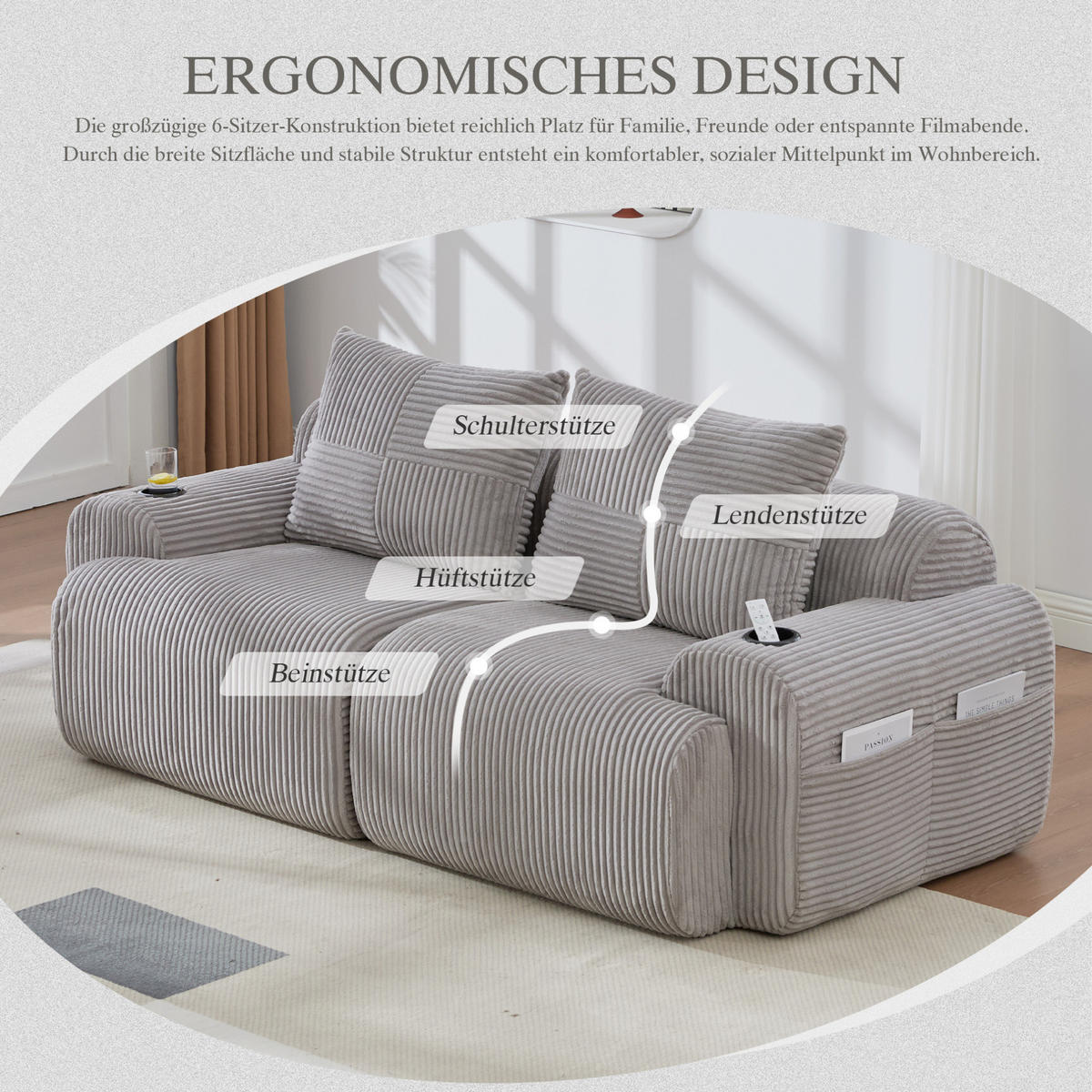 DVOJSEDAČKA 200/99/80 cm světle šedá z kordurové látky s držákem na nápoje a kapsou - světle šedá, textil (99/80/200cm) - OKWISH