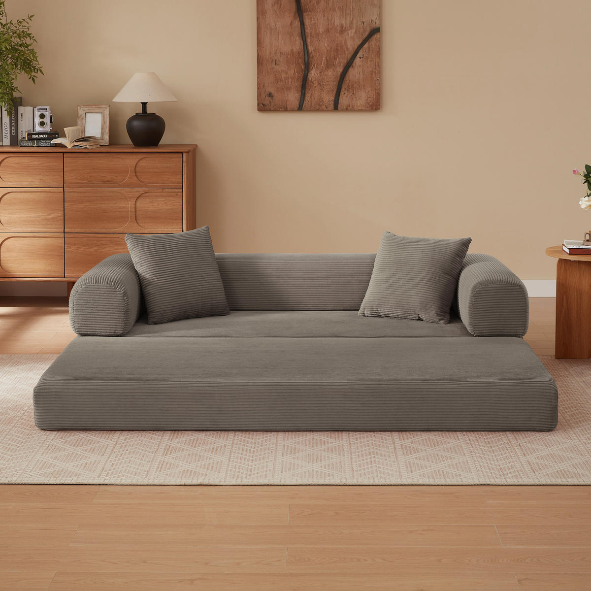 SCHLAFSOFA aus Cord in Taupe – 2-in-1 Bodensofa & Gästebett ohne Montage - Taupe, Textil (89/59/195cm) - Urban Meuble