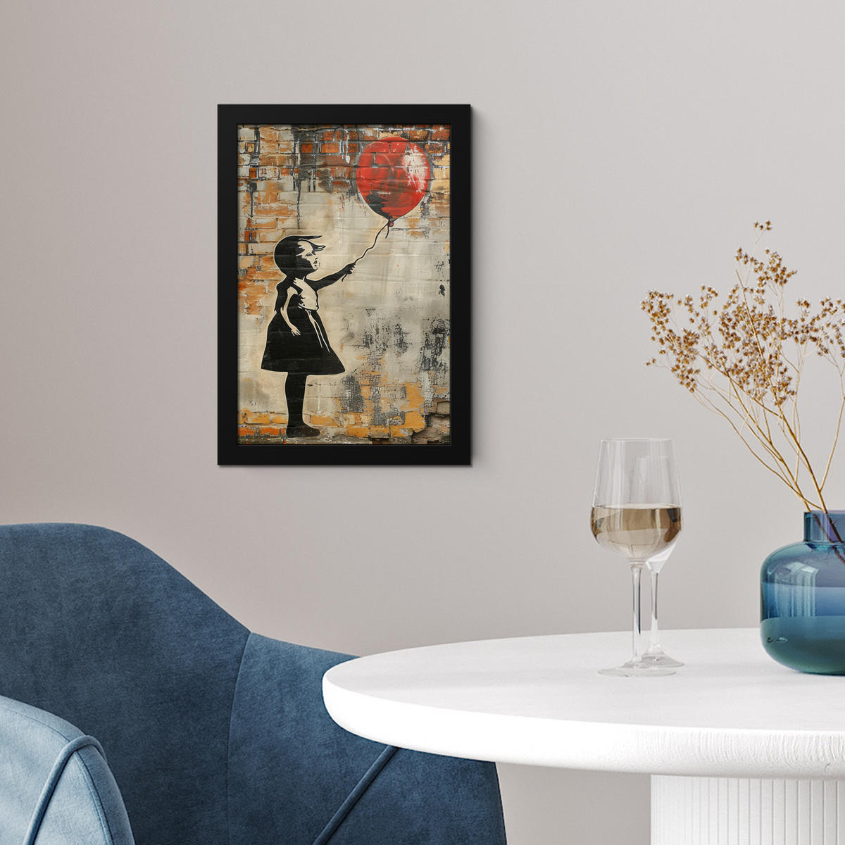 GERAHMTES BILD Graffiti - Banksy - Mädchen - Straßenkunst 20x30 cm - Sandfarben, Papier (20/30cm) - MuchoWow