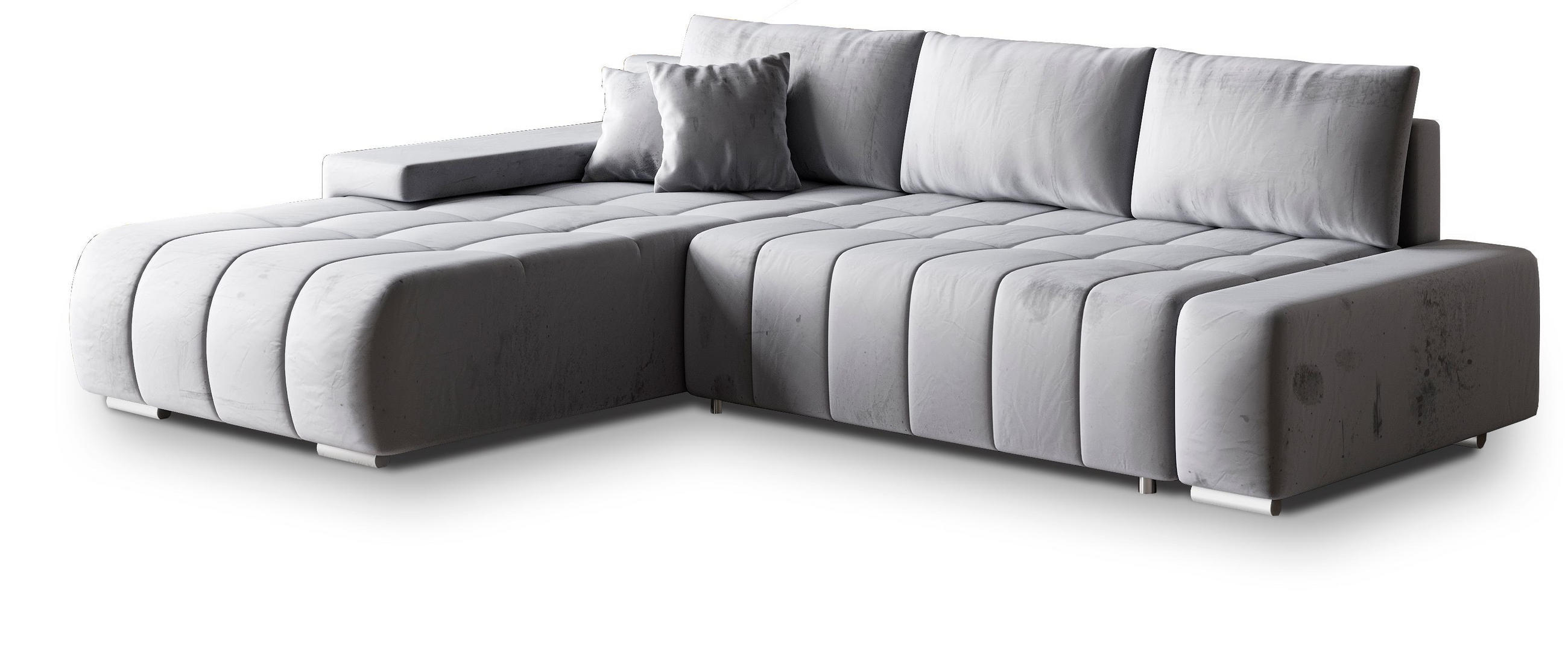 ECKSOFA ALESE L-S Hellgrau Velours-Stoff mit Schlaffunktion - Hellgrau, Holz (265/185cm) - MASSENO