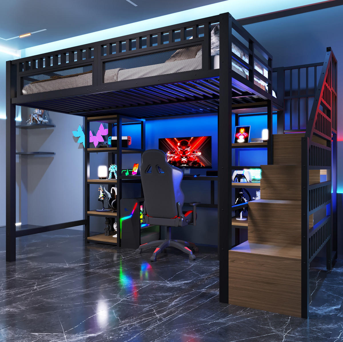 HOCHBETT mit Schreibtisch 140/200 cm in Schwarz – mit Stauraumleiter und LED - Schwarz, Metall (140/200cm) - BEAOK