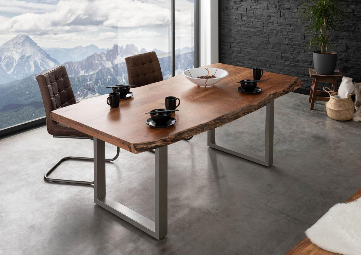 BAUMTISCH Akazie 200x100x77 natur lackiert / U-Beine silber matt FREEFORM 5 - Naturfarben, Holz (200/100/77cm) - Massivmoebel24