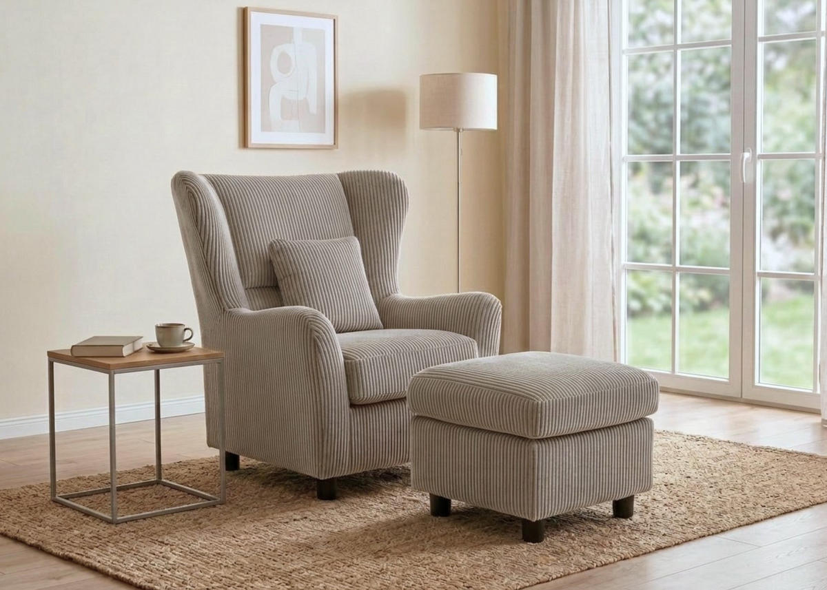 OHRENSESSEL mit HOCKER, hoher Sitzkomfort durch Taschenfederkern, Cord Taupe / 16144 - Taupe/Schwarz, Holz/Textil (89/95/79cm) - luma-home