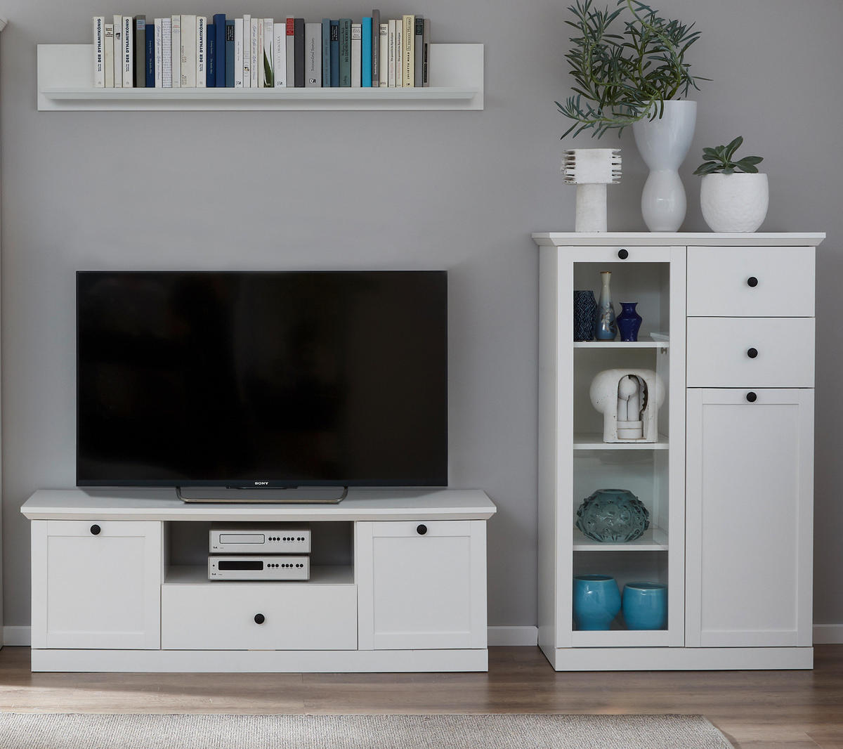 WOHNWAND 3-teilig in weiß Landhaus, Schrankwand 273 x 196 cm - Silberfarben/Weiß, Glas/Holzwerkstoff (273/180/41cm) - Top.Furn