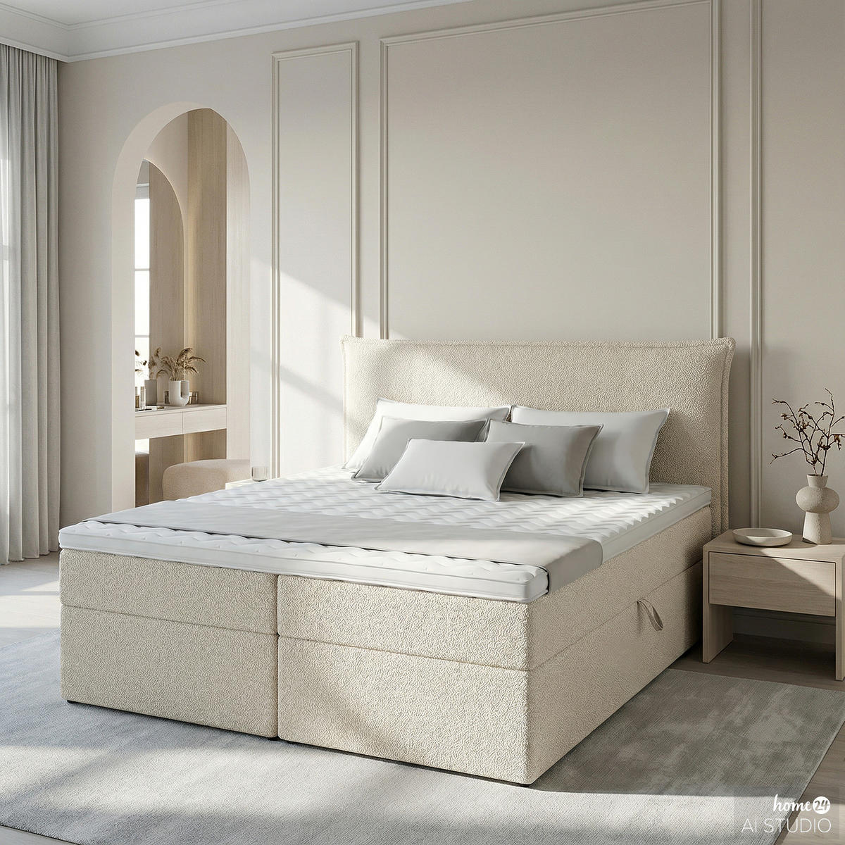 BOXBETT mit Stauraum - Bouclé - Creme, Holzwerkstoff/Textil (180/200cm) - home24