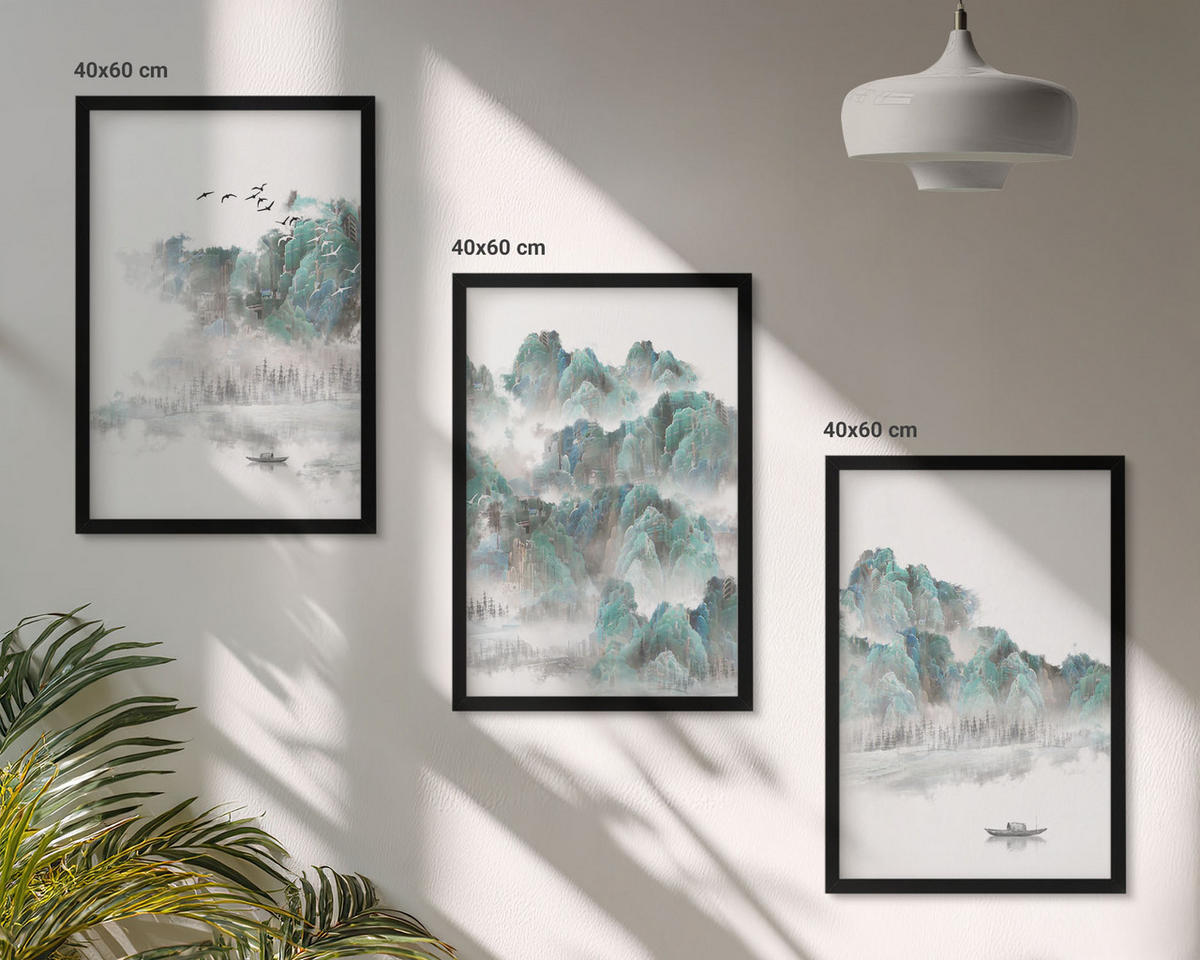 WANDBILDER 3er-Set - 40x60 cm Schwarzer Rahmen - Berge, Wolken, Vögel, Boot, Japandi - Schwarz, Kunststoff (40/60cm) - ArtPrintCave