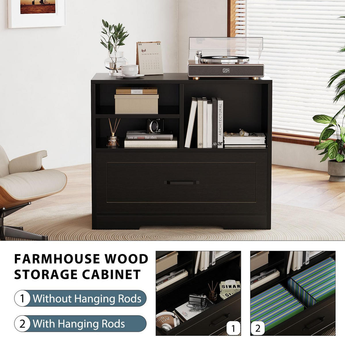 STAURAUMSCHRANK mit Schublade & Offenen Fächern INDUSTRIAL 83.8 x 40.0 x 72.5 cm - Schwarz, Holzwerkstoff/Metall (83.8/72.5/40cm) - Quality Elegance