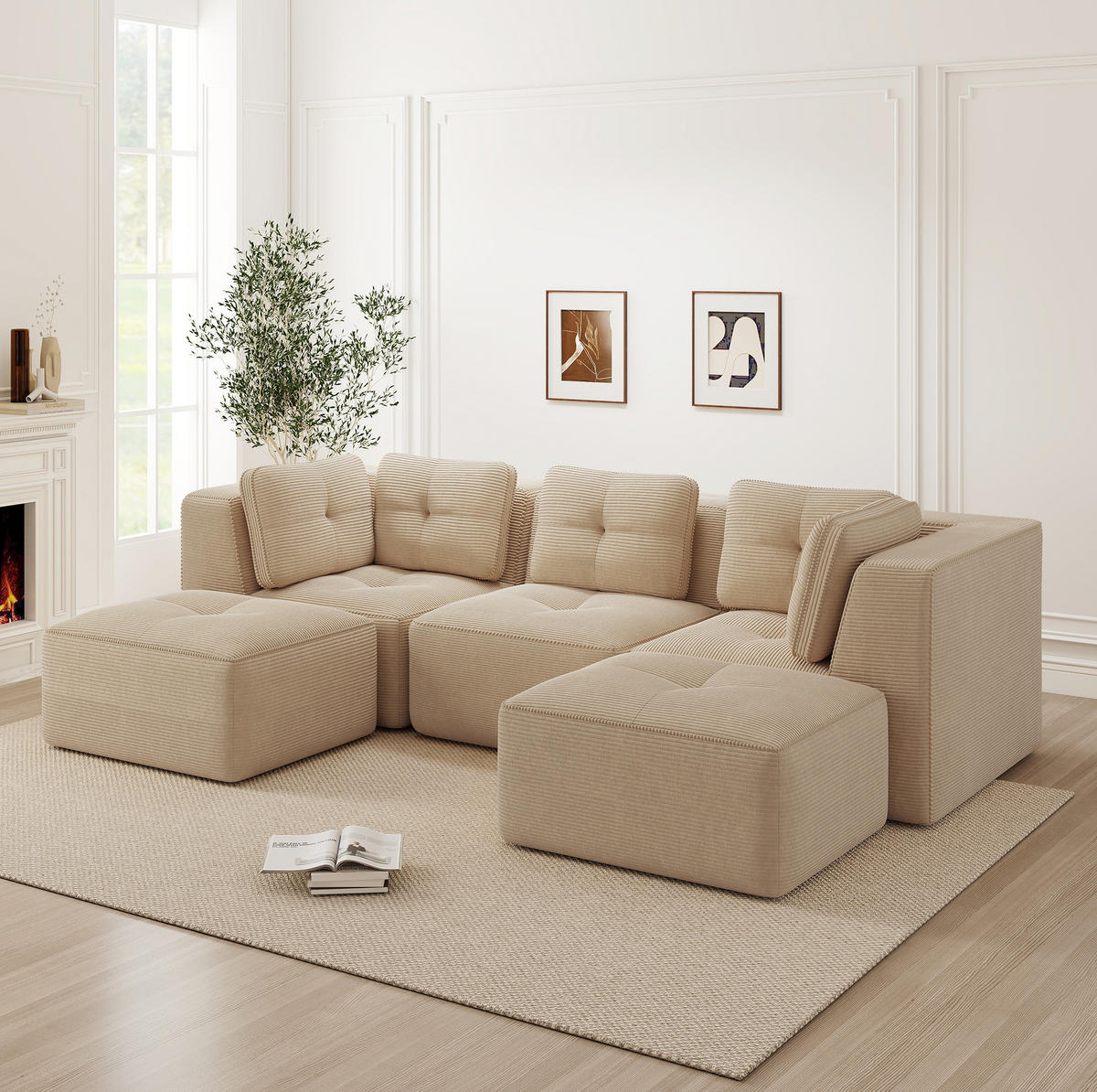 WOHNLANDSCHAFT 297/177/69 cm in Beige aus Cord mit modularem Design und breiter Sitzfläche - Beige, Textil (177/69/297cm) - Flora Grace