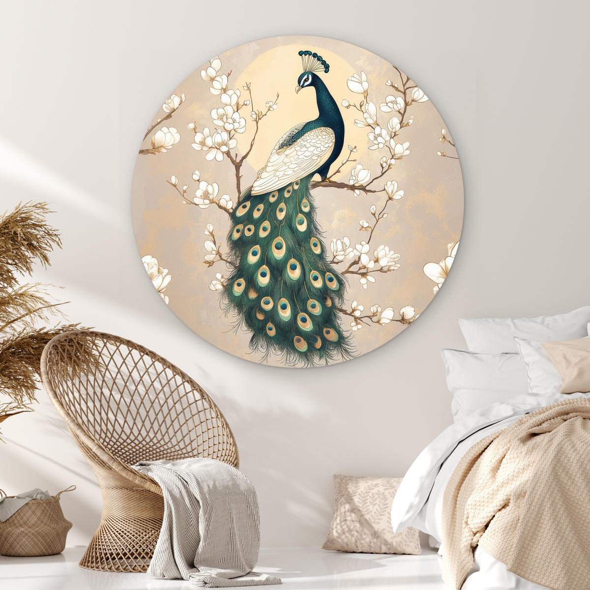 WANDBILD Pfau - Zweig - Blumen 140x140 cm - Champagner, Kunststoff (140/140cm) - MuchoWow