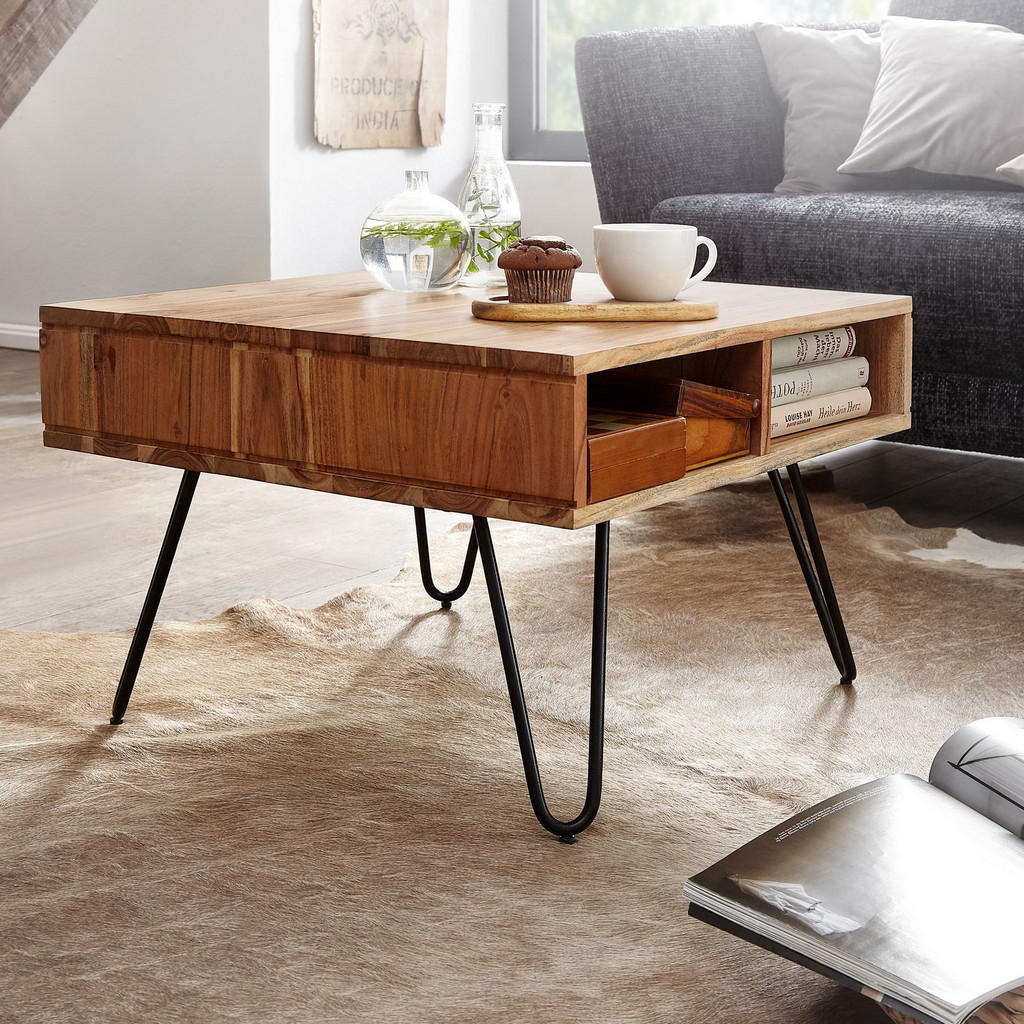 Thumbnail - Kadima Design Couchtisch, Beige, Holz, Echtholz,Akazie, Quadratisch,Quadratisch, Haarnadel, 60x40x60 cm, Wohnzimmer, Woh...