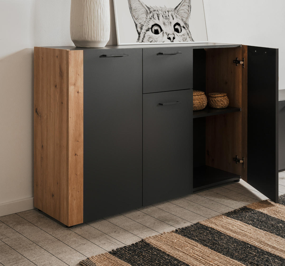 SIDEBOARD grau, Artisan Eiche 126 x 85 cm, Kommode 3-türig - Anthrazit/Schwarz, Holzwerkstoff/Kunststoff (125.5/85/34.5cm) - Furn.Design