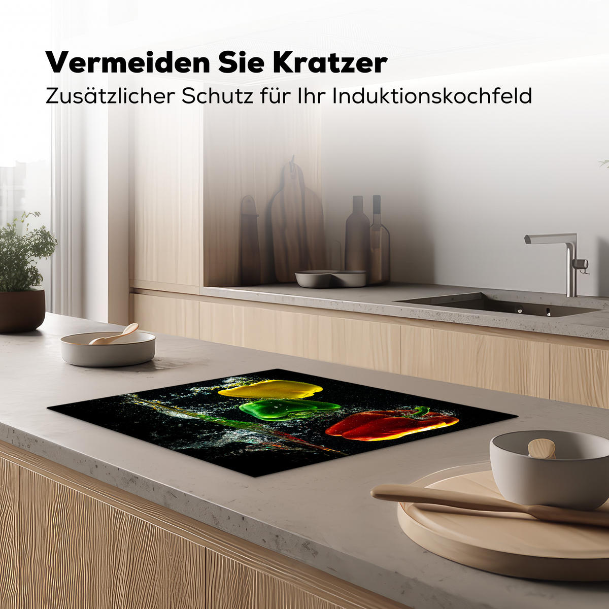 HERDABDECKPLATTE Paprika - Gemüse - Wasser - Schwarz - Rot - Grün - Gelb Herdabdeckung Induktionsfeld 65x52 cm - Multicolor, Kunststoff (65/52/0.2cm) - MuchoWow