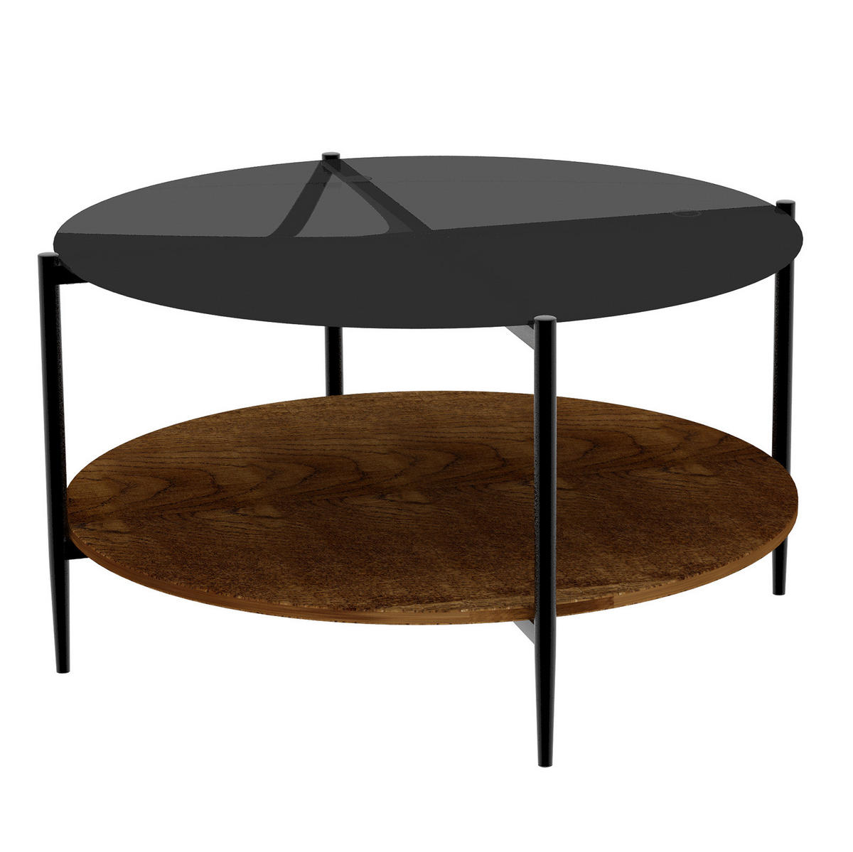 COUCHTISCH Ø 82/45 cm in Schwarz mit Glasplatte und Ablage - Schwarz, Glas (82/82/45cm) - BEAOK