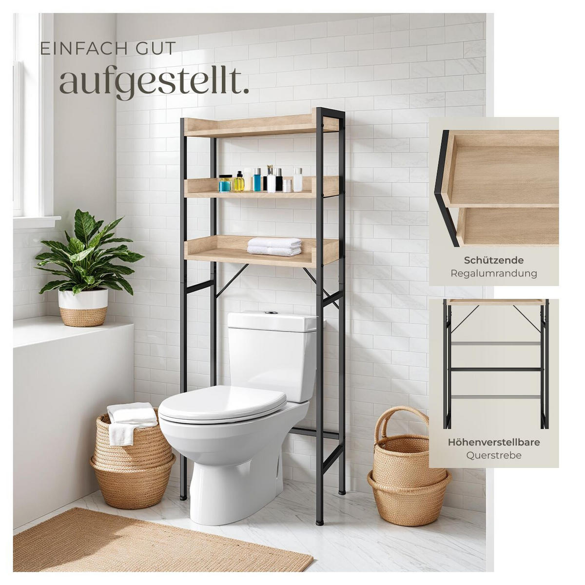 BADEZIMMERREGAL Seattle,inklusive Kippschutz,Industrial Holz hell, Eiche Sonoma - Naturfarben, Holz (63/165/25cm) - tectake