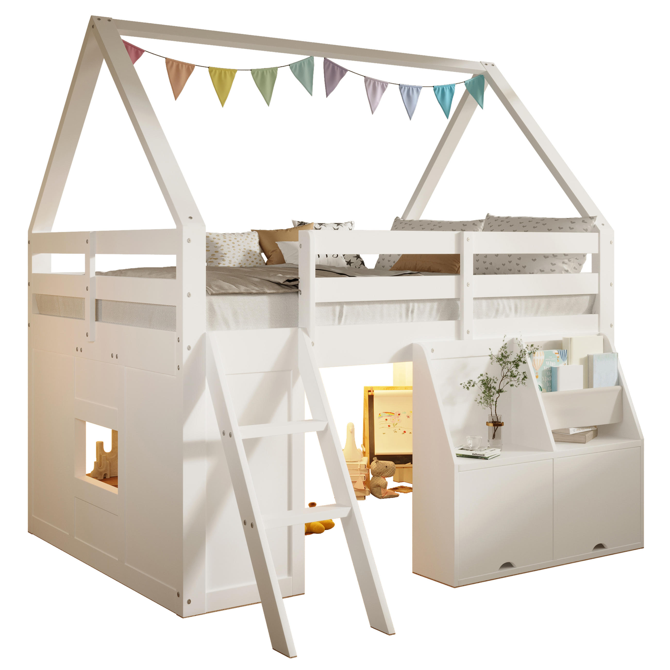 HOCHBETT 140/200 cm in Weiß mit Treppe, LED und Aufbewahrungsboxen im Hausdesign - Weiß, Holzwerkstoff (140/200cm) - STILVORA