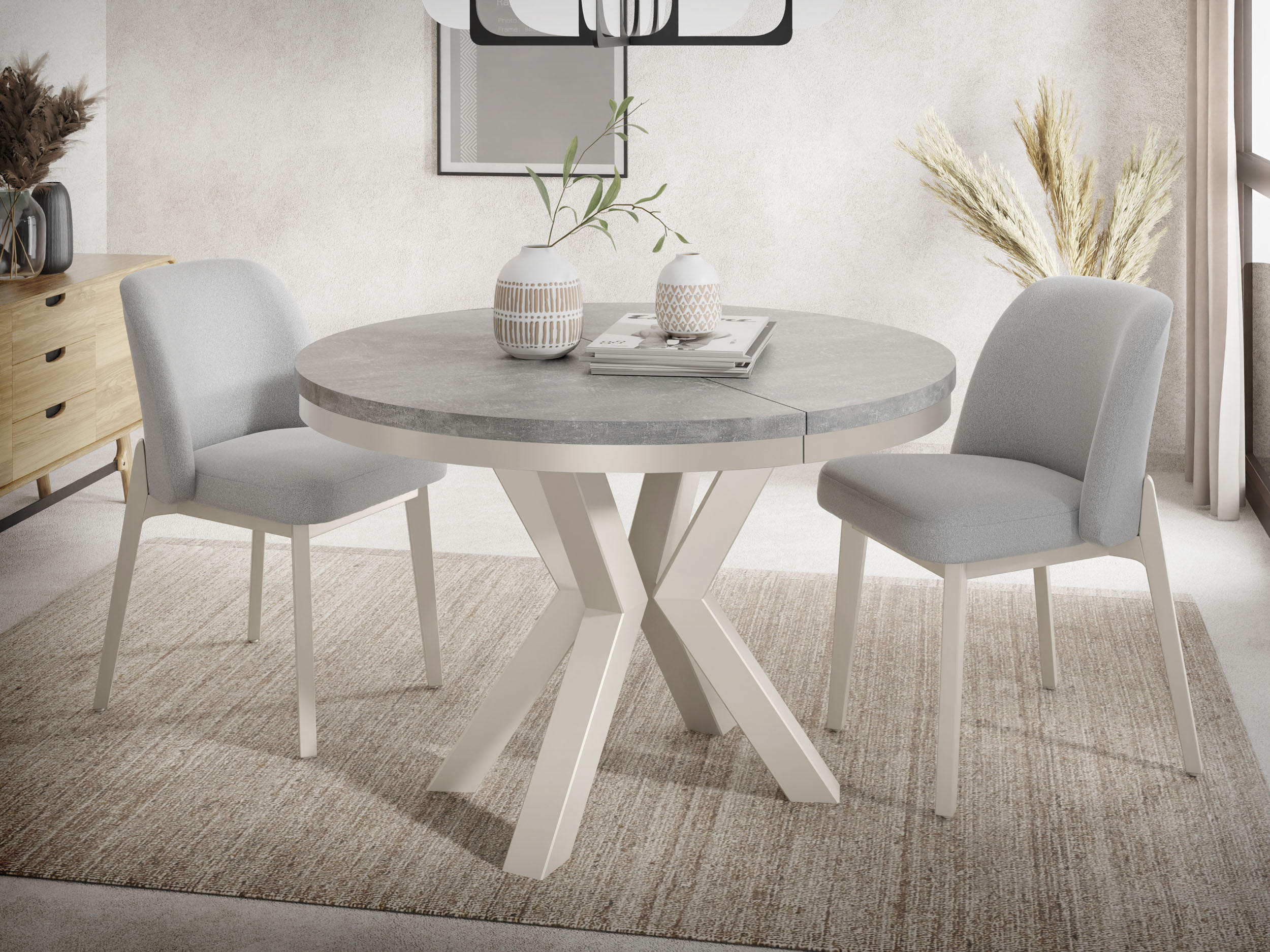 ESSTISCH Clara Beige Cashmere runder ausziehbarer, Grauer Beton 120-200/120/76 cm - Kaschmir/Hellgrau, Holzwerkstoff/Metall (120/120/76cm) - WFL GROUP