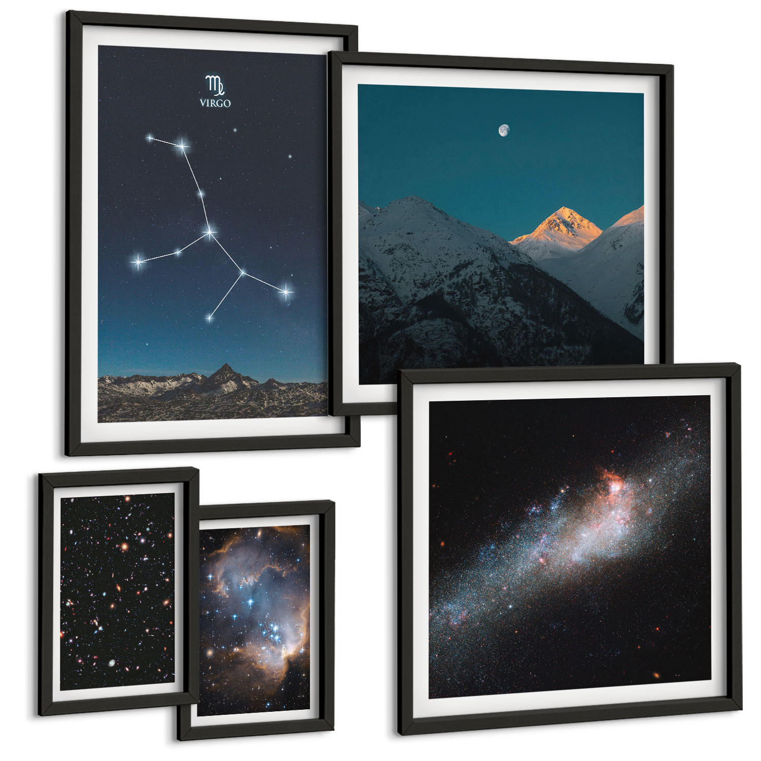 BILDER SET 5er Set - 50x50 cm & 20x30 cm & 40x60 cm Schwarzer Rahmen - Jungfrau-Galaxie-Universum - Schwarz, Kunststoff (40/60cm) - TULUP