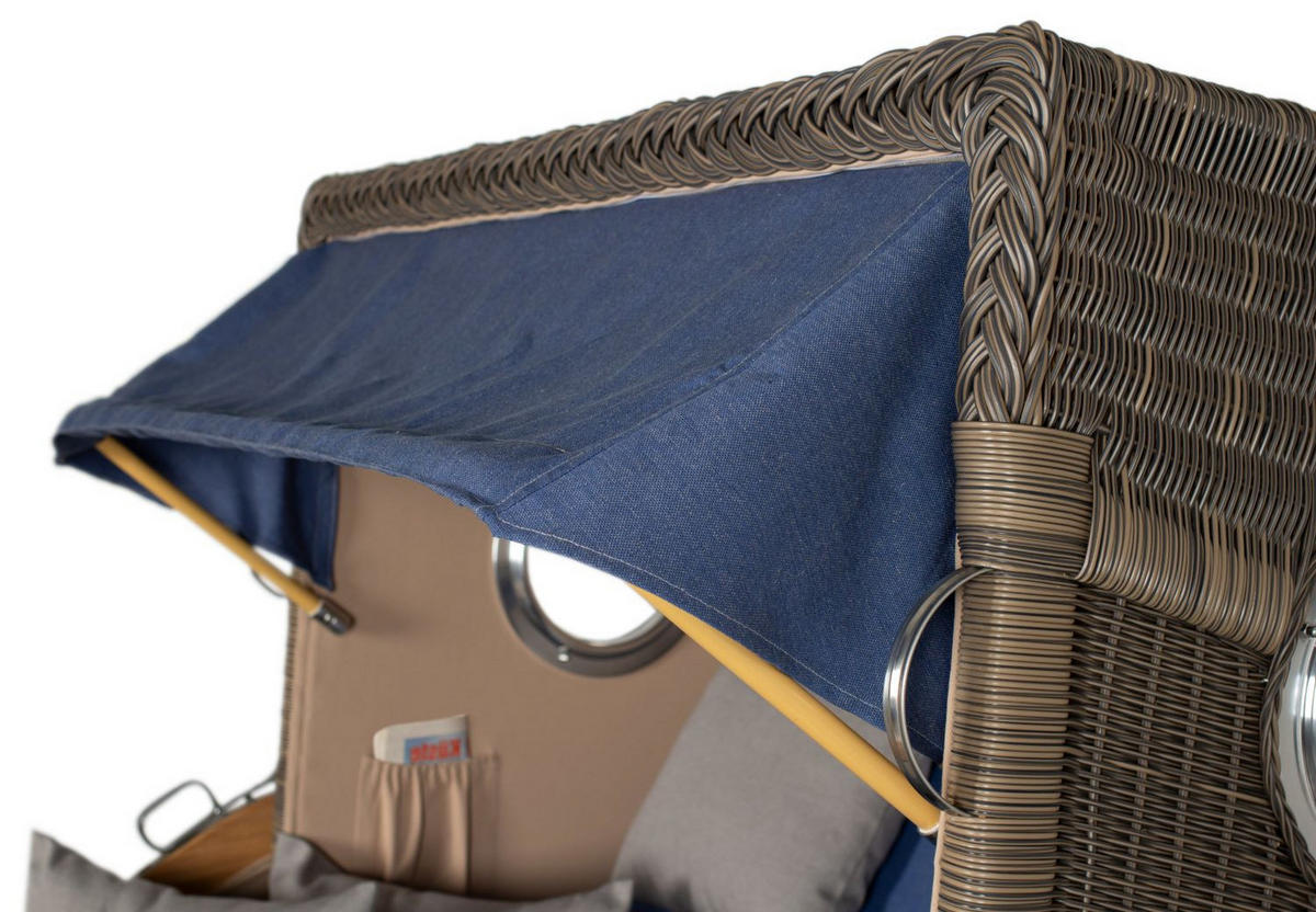 STRANDKORB Komplettset: Ammersee Grande XL Teak Bullauge - PE grau - Modell 595 - Blau/Grau, Holz/Kunststoff (142/165/95cm) - bene living