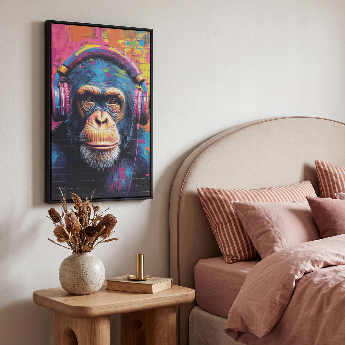 LEINWAND Bilder mit Rahmen - Graffiti - Schimpanse - Straßenkunst - Kopfhörer - Affe - 40x60 - Blau, Textil (40/60cm) - MuchoWow