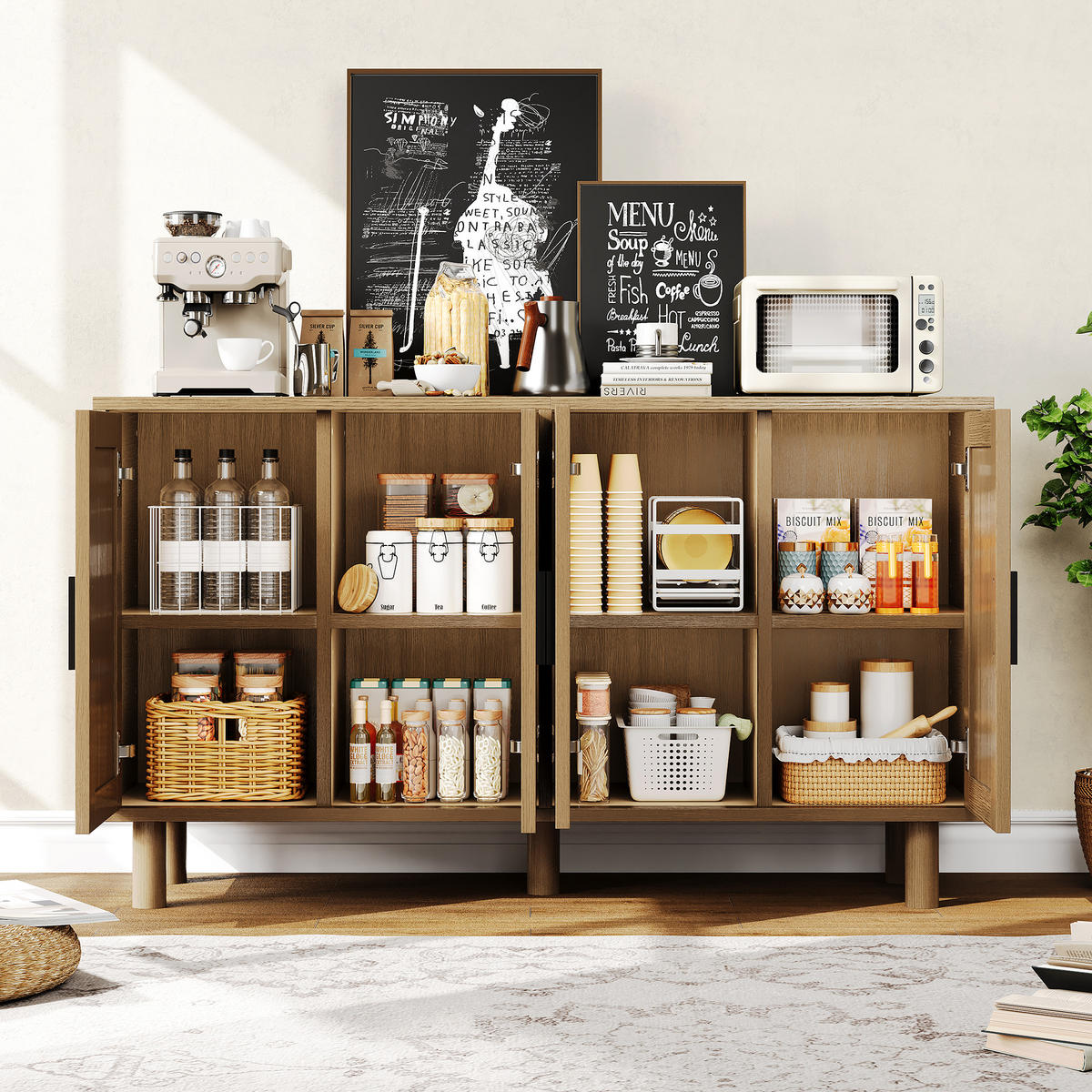 SIDEBOARD Rattanschrank mit 4 Türen, Wohnzimmerschrank Stauraum, 80/140/80 cm - Naturfarben, Holz/Metall (40/80/140cm) - PARAFTA HOME