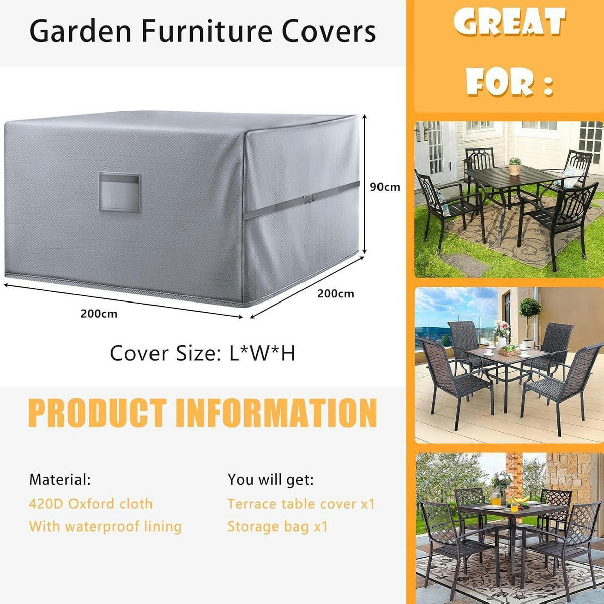 GARTENMÖBEL-ABDECKUNG Grau 200 x 200 x 90 cm - Grau, Textil (200/90/200cm)