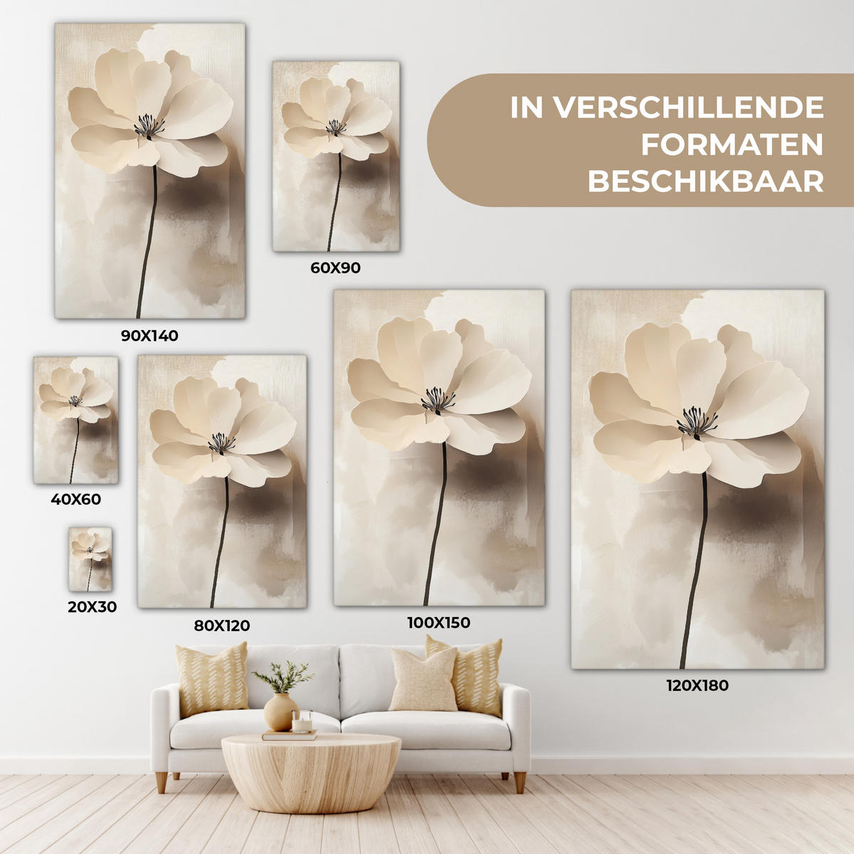 LEINWANDBILD Blume - Beige - Farbe - Schatten Wanddeko Schlafzimmer 60x90 cm - Creme, Textil (60/90cm) - MuchoWow