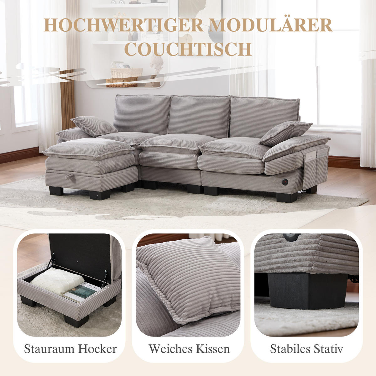 3-SITZER SOFA Cord Hellgrau mit USB-C, Seitentaschen und Hocker - Hellgrau, Holzwerkstoff/Kunststoff (260/132cm) - WISHDOR