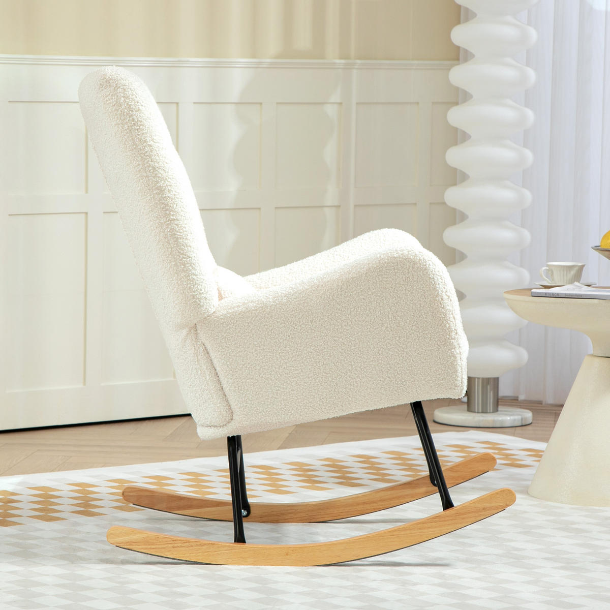SCHAUKELSTUHL, Schaukelsessel mit Armlehne, Teddystoff-Optik, Cremeweiß - Creme/Naturfarben, Holz/Textil (69/100/92cm) - HOMCOM