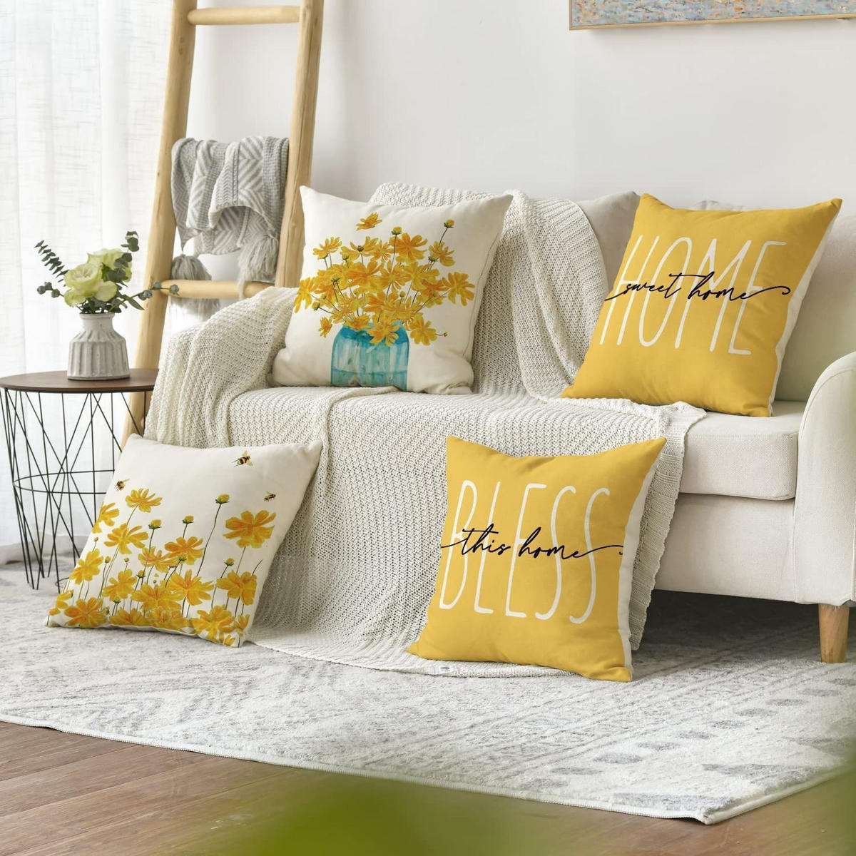 KISSENHÜLLE 4er Set, Blume Biene, Leinen, Cozy Home, 45x45cm - Gelb, Textil (45/45cm) - Weltevree