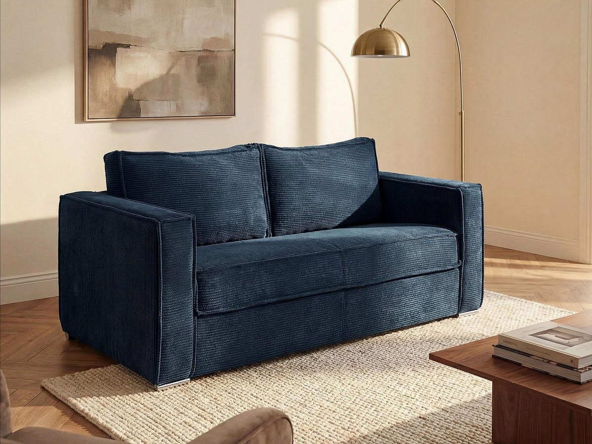 SCHLAFSOFA - 3 Personen - Samt, Stoff - Marineblau - - Dunkelblau, Textil (195/90/223cm) - Vente-Unique
