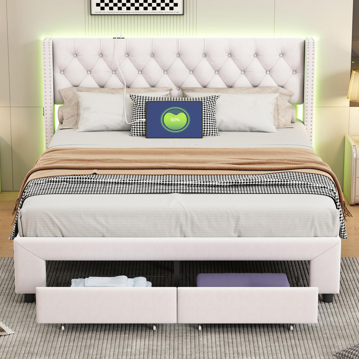 POLSTERBETT 180x200 cm, 2 Fußschubladen, LED-Leiste, Doppel-USB, beiger Samtstoff - Beige, Holz (180/200cm) - BRILVERDE