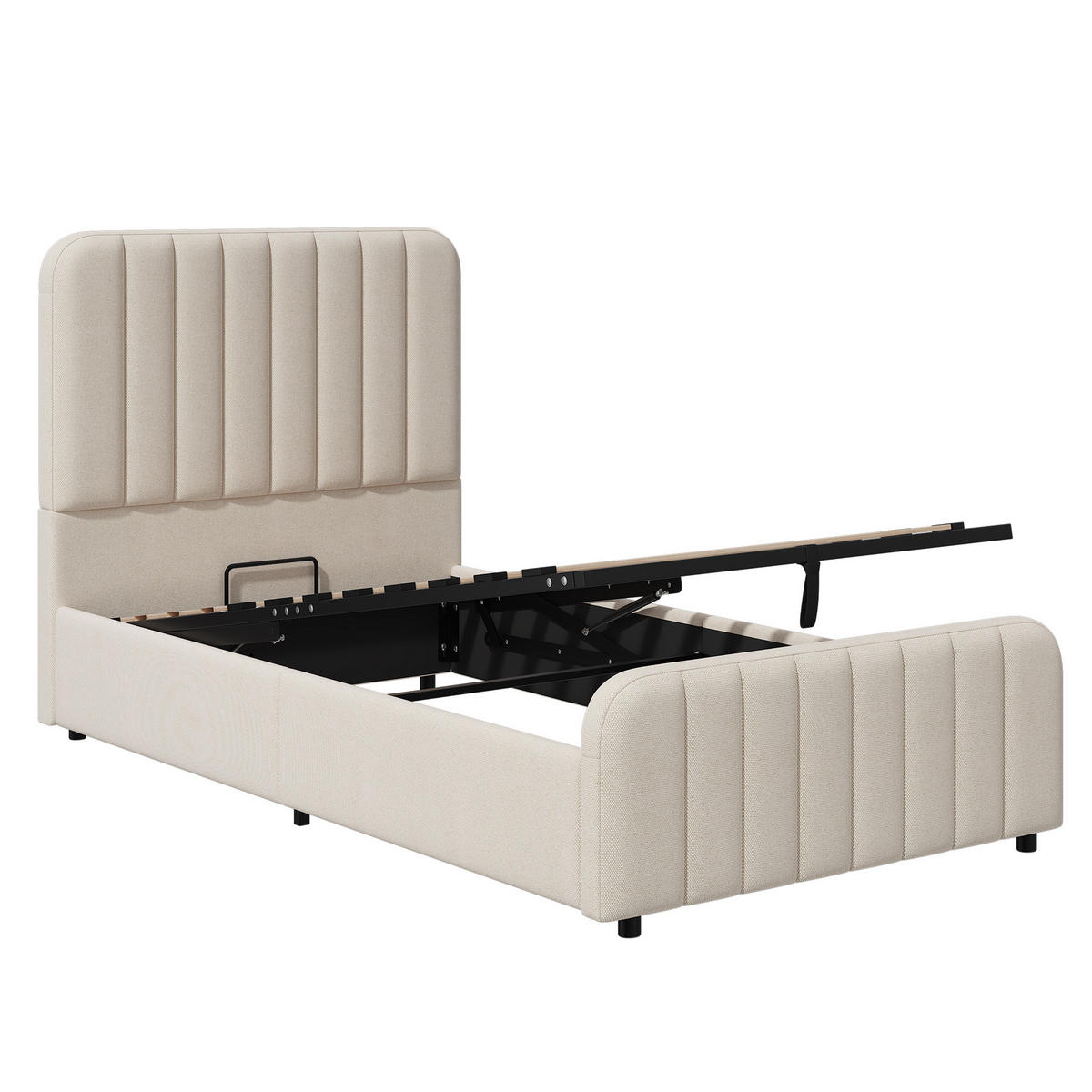 POLSTERBETT 90x200cm Hydraulisch Stauraumbett Leinen Beige - Beige, Naturmaterialien - FLIEKS
