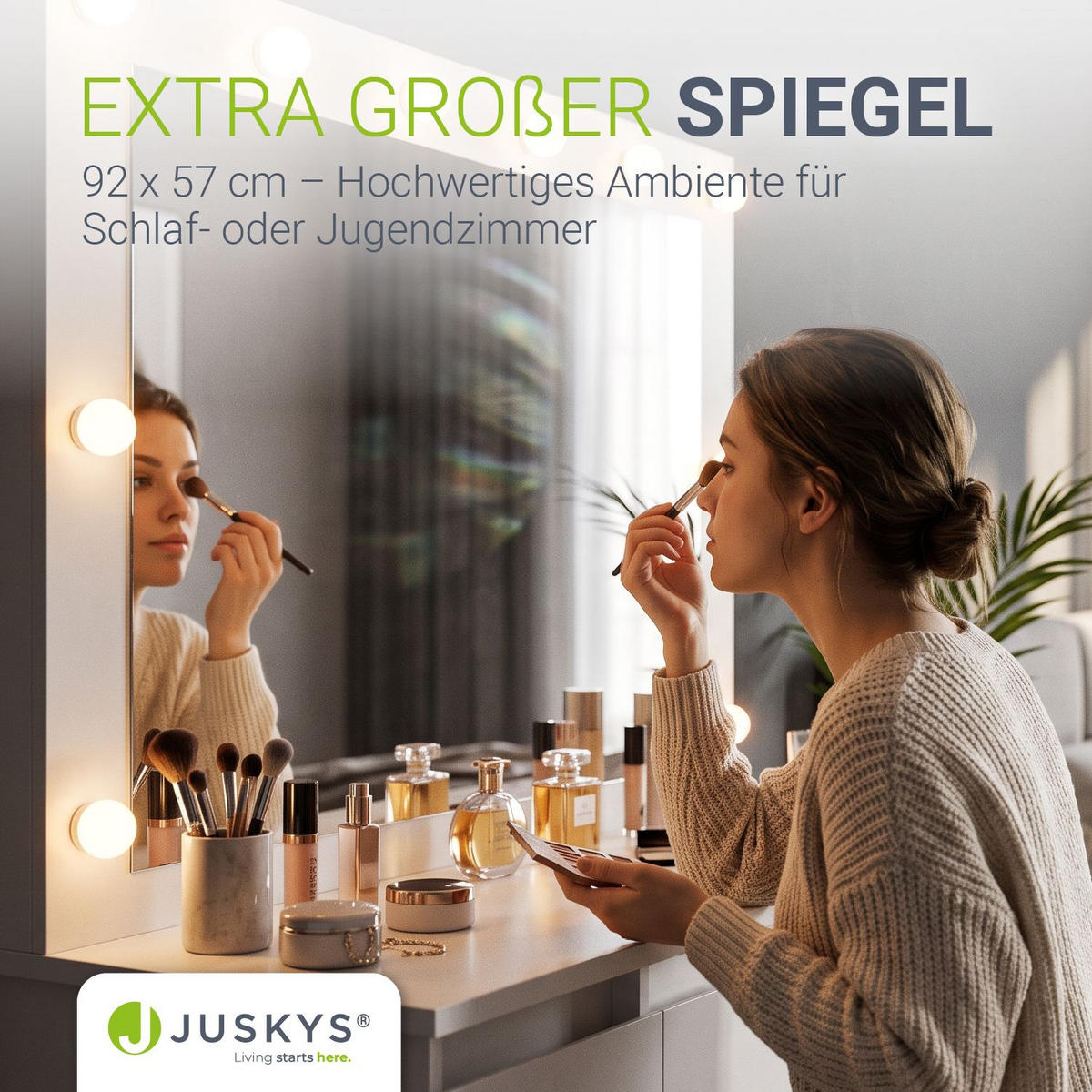 SCHMINKTISCH Lilia weiß mit LED-Beleuchtung und Hocker Tonia - Weiß, Holz (108/140/41cm) - Juskys